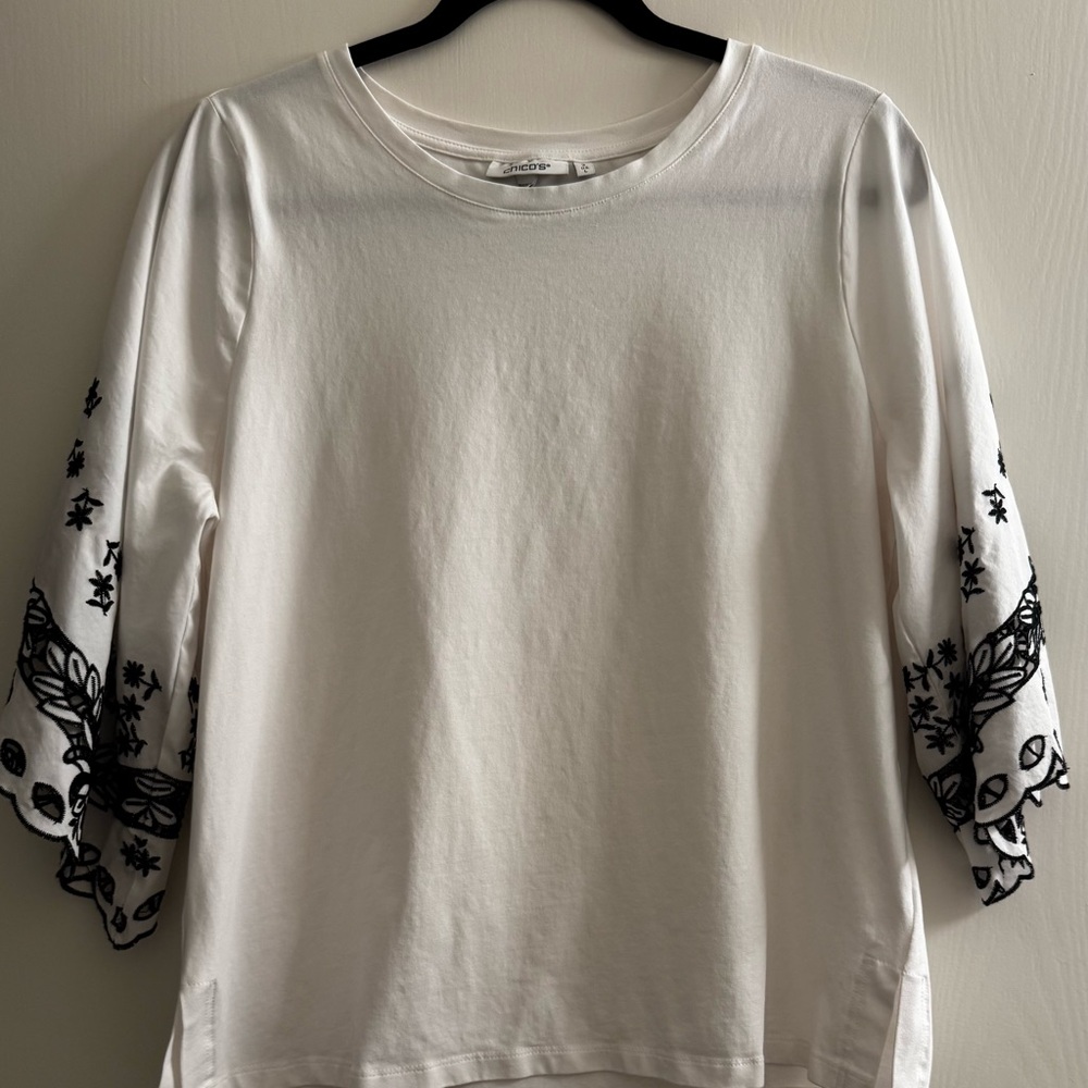 Chico's White Blouse with Black Embroidery